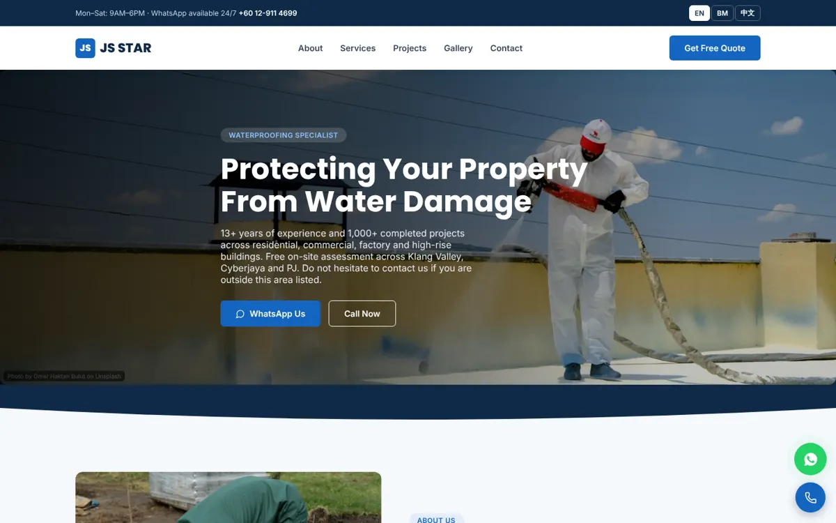 JS Star website home page: waterproofing specialist hero with WhatsApp and call buttons